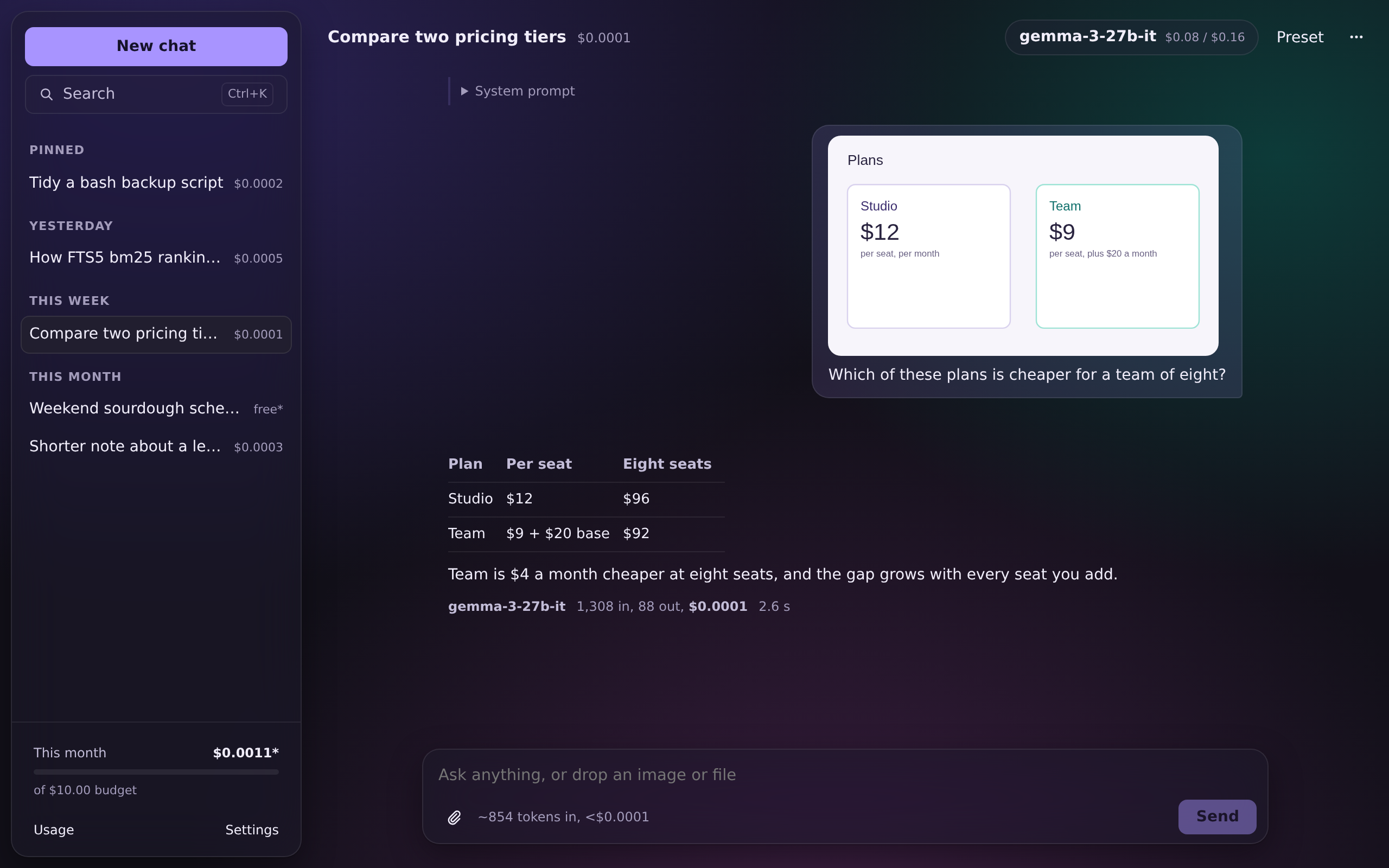 Cortex in dark mode, reading a chart of two pricing plans with a vision model