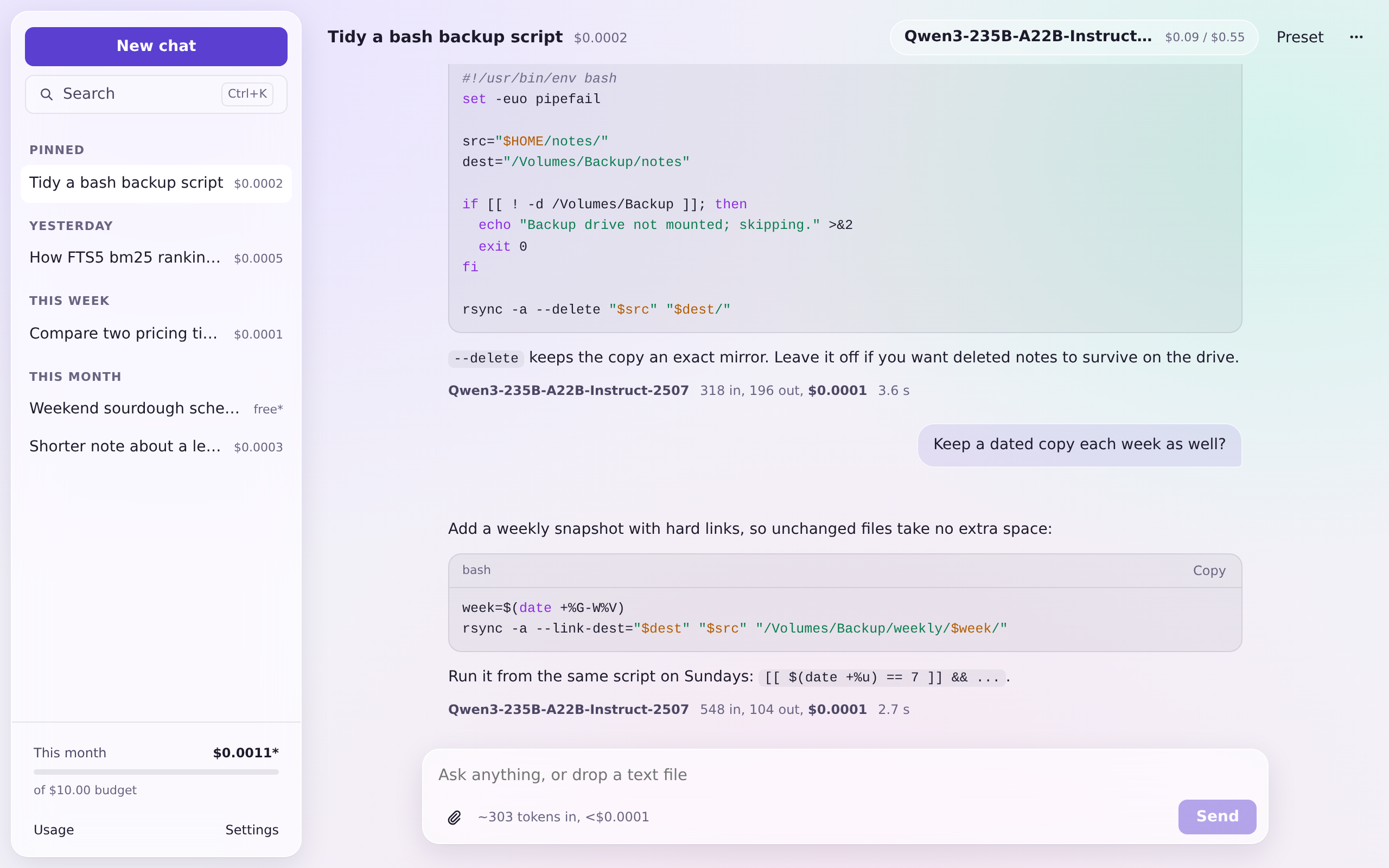 Cortex in light mode: a sidebar of chats with the cost of each, and a conversation about a backup script with the tokens and cost under the reply