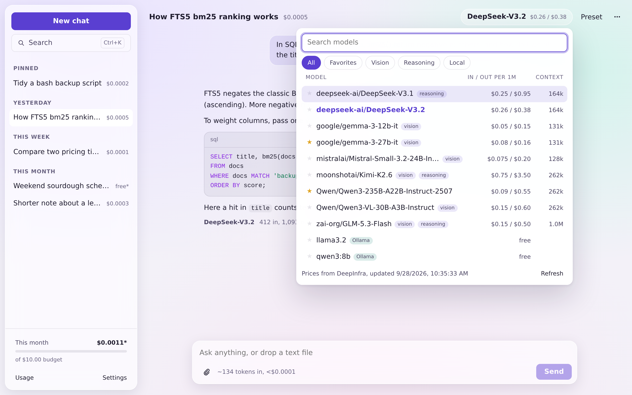 The model picker: every chat model with its input and output price per million tokens and its context size