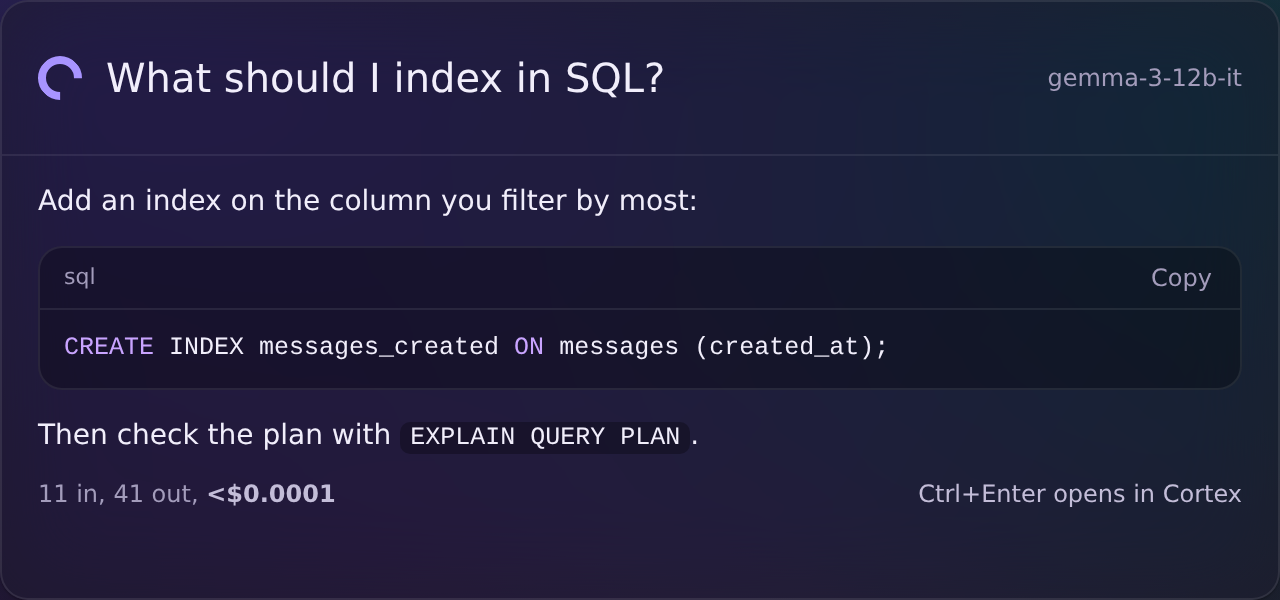 The quick prompt with an answer and its cost